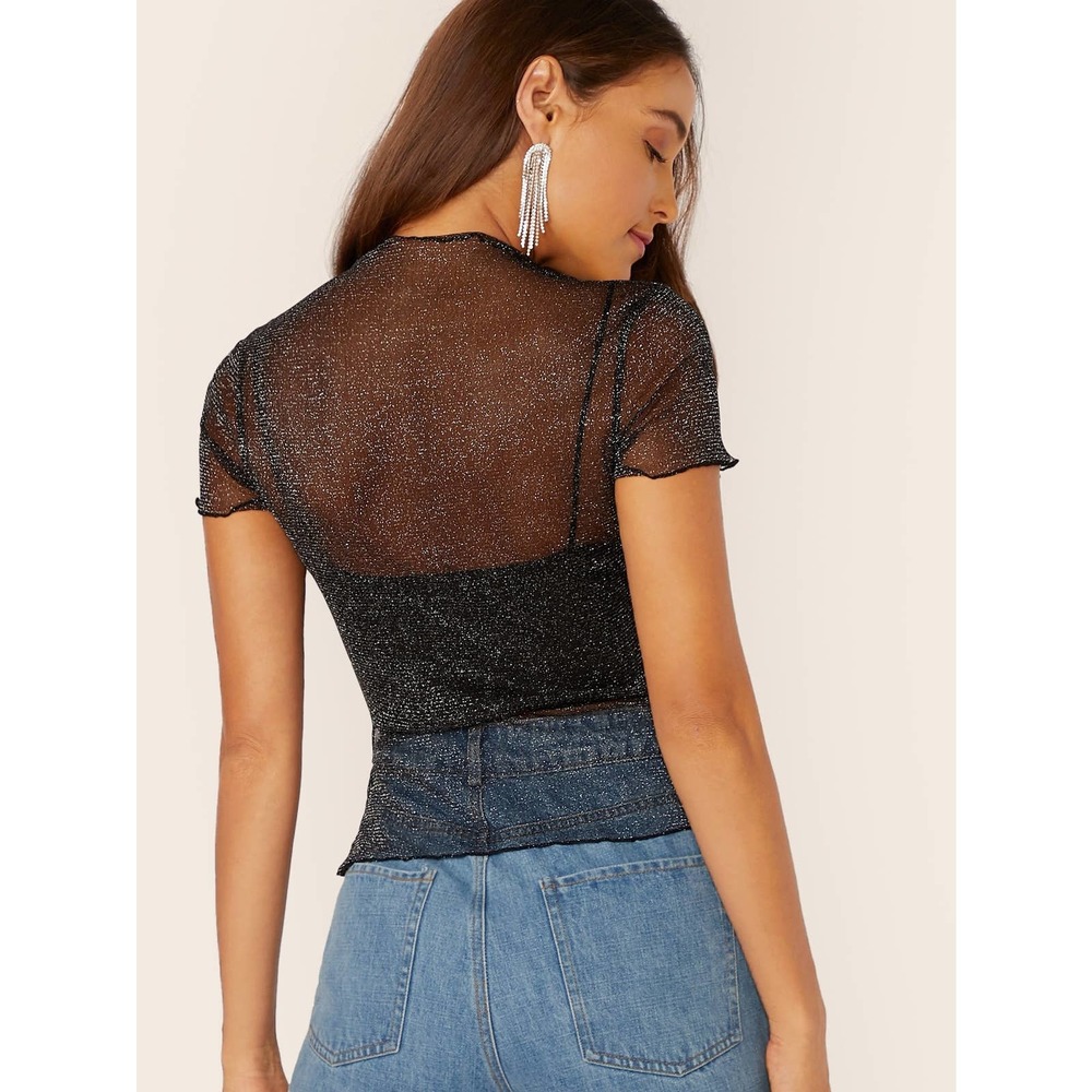 Glitter Sheer Mesh Lettuce Edge Top black metallic glitter - Picture 2 of 9